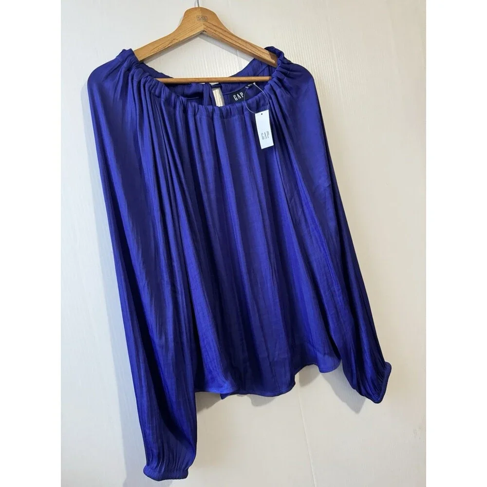 NEW Gap Long Sleeve Silky Bow Back Top Bright Cobalt Sz M Womens